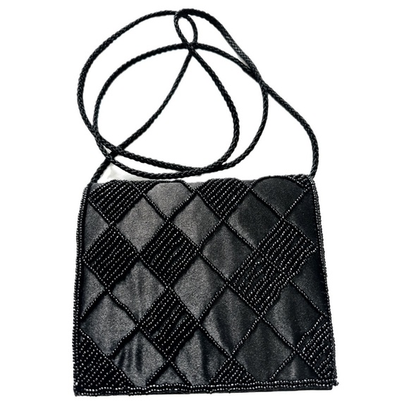 🥂👠 BIJOUX TERNER Vintage Tiny Shoulder Bag Purse | Black Beaded Glam Evening - Picture 1 of 3